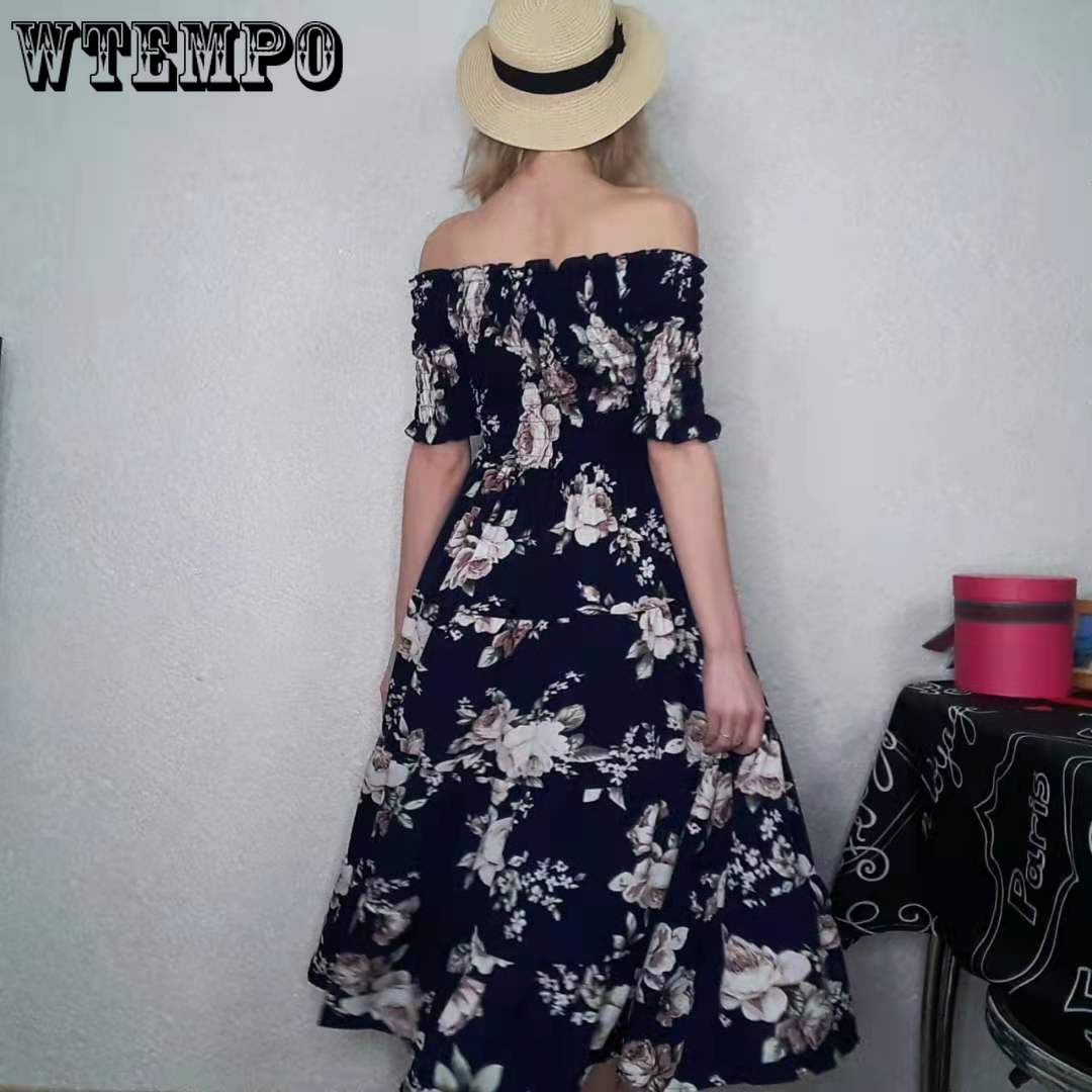 Woman Sexy One-shoulder Dress Long Retro Floral Elastic High-waist Dress Off-shoulder Party Dress