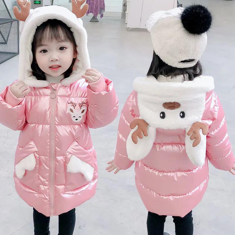 Girls' Cotton-padded Clothes Winter Clothes Rabbit Ears Hooded Jacket Children's Clothes Cute Mid-length Girls' Thicken Cotton-padded Jackets