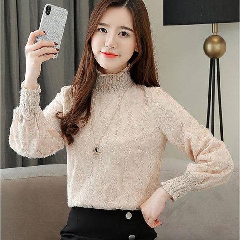 Pofulove women's Velvet turtleneck Pullover thick autumn winter warm Lace korean Style sweater