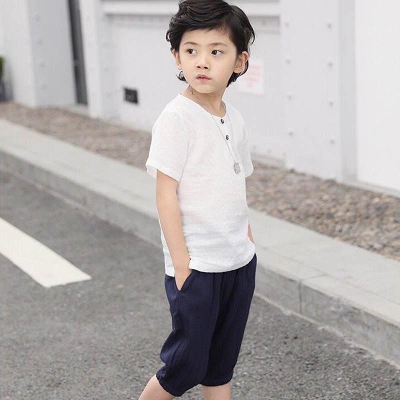 Boys Summer Cotton Linen Breathable Suit Cool and Comfortable Light Thin Solid Color Short Sleeve + Shorts Two-piece Set