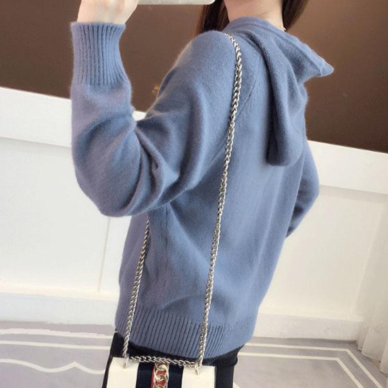 Spring and Autumn Hooded Jacket Loose Short Knitted Sweater Solid Color Long Sleeve Women's Top