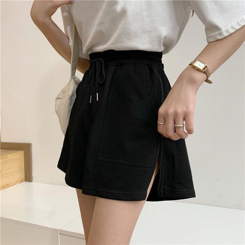 WTEMPO Women's Plus Size Loose Zipper Wide-leg Casual Pants Student Sports Shorts Elastic Waist Convenient Big Pocket Gym Stadium