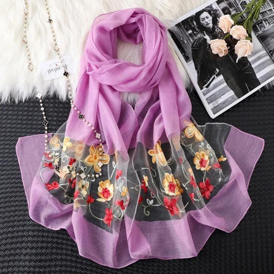 Women's Sunflower Embroidered Scarf Warm Autumn Winter Simulation Silk Mulberry Scarf Thin Solid Floral Neck Cover Female Wrap Shawl Sweet Lace Scarf