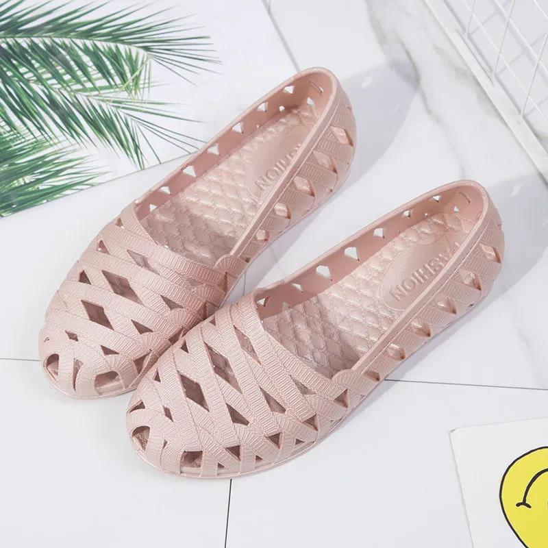 Summer Plastic Sandals Flat-bottom Hole Shoes White Plastic Shoes Non-slip Beach Hollow Sandals Women