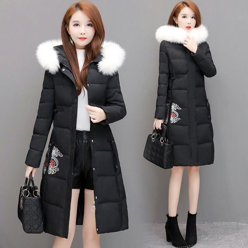 Winter Chinese Style Embroidered Down Women's Mid-length Temperament Is Thin and Slim, Large Fur Collar Hooded Padded Jacket