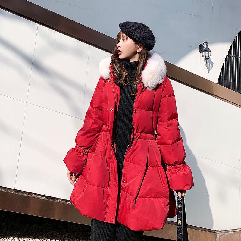 Real Fur Collar Down Padded Jacket Women's Waist Slimming Mid-length Korean Fashion Loose Coat