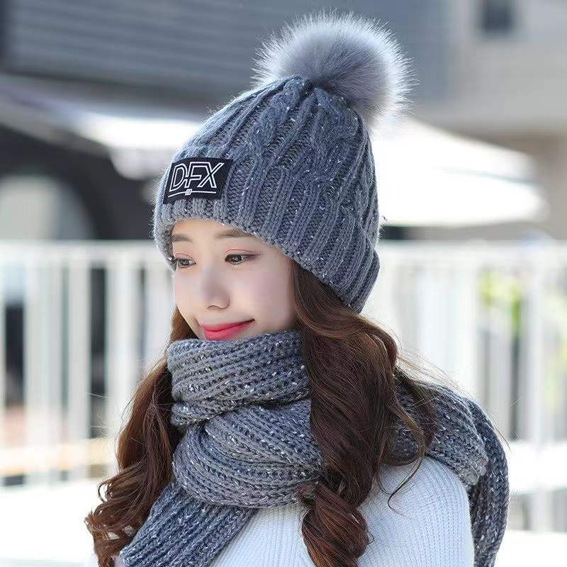 Women's Winter Hat Knitted Woolen Hat Scarf Two-piece Set Korean Version All-match Warm Velvet Fur Ball Cap Solid Soft Knitting Top Hat Scarf Warm Set