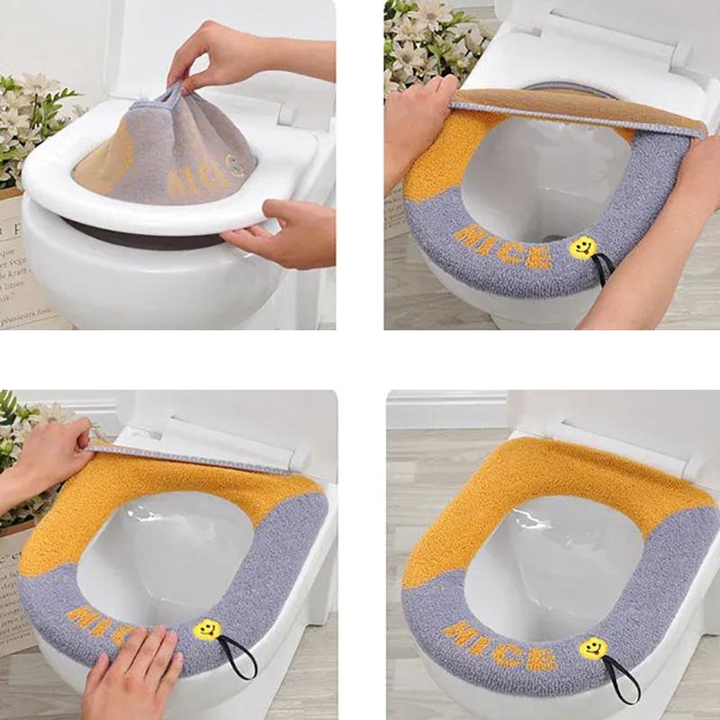 2 Pcs Toilet Seat Covers Mat Winter Thickened Fleece Warm Toilet Cushion Soft Washable Home Bathroom Lavatory Nordic Toilet Seat Pad with Handle