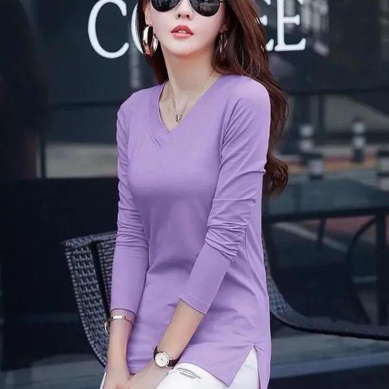 Women T Shirt Solid Color Long Sleeve Top Ladies Slim Tee Shirts Autumn Spring Fashion Tops Tee Female V-neck Pullover