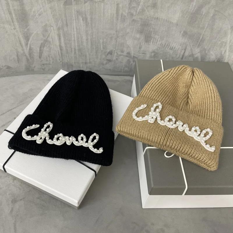 Women's Fashion Knitted Hat Korean Pearl Stitching Woolen Cap Winter Warm Ear Protection Cap