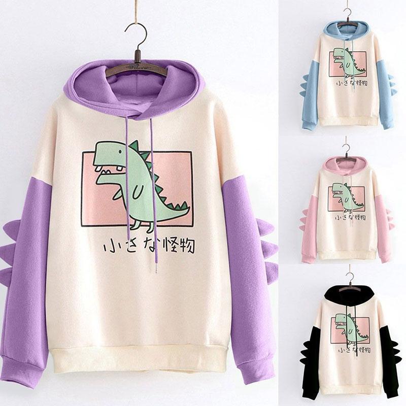 Dinosaur Oversized Cartoon Hoodie Women Sweatshirt Casual Print Korean Style Thicken Sweatshirt Winter Dino Hoodie Tops Cute Warm Sweater