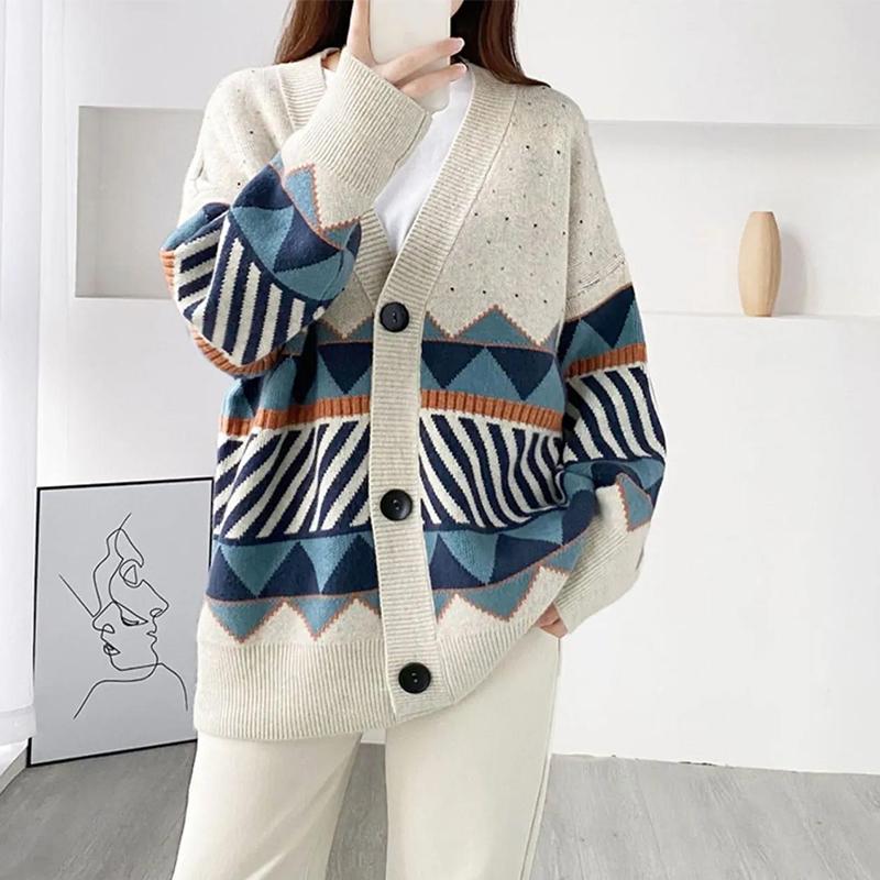 2021 Spring and Autumn Sweater Cardigan Jacket Women's Knitwear Loose Outer Wear Color Blocking V-neck Top