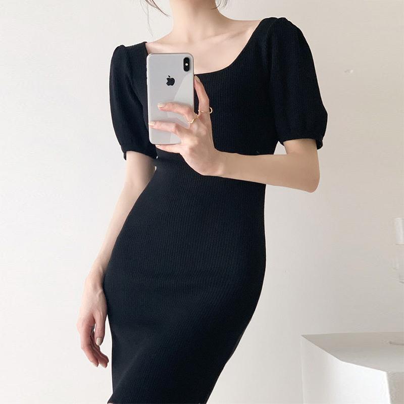 2021 New Short Sleeve Solid Vintage Women Dress Korean Knit Stretch Waist Elegant Dresses O Neck Bodycon