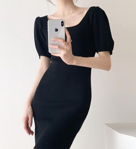 2021 New Short Sleeve Solid Vintage Women Dress Korean Knit Stretch Waist Elegant Dresses O Neck Bodycon