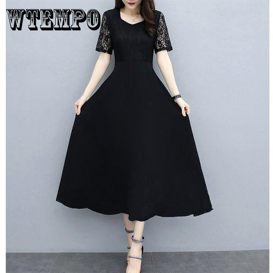 2019 summer new style foreign large size women's fat long dress  ace stitching dresses Casual black