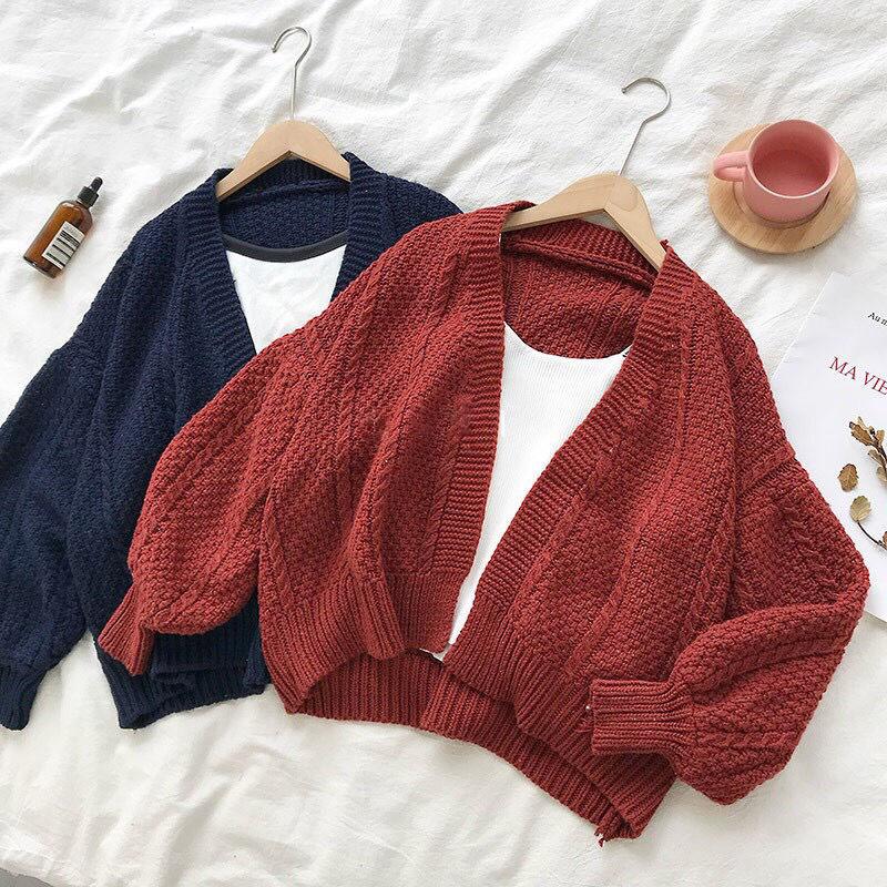 Spring and Autumn Temperament Knitted Sweater Loose Wild Cardigan Shirt Lantern Sleeves Buttonless Female Jacket