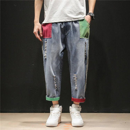 Male Student Hong Kong Style Jeans Men's Loose Straight-leg Pants Wide-leg Pants Trendy Cropped Trousers