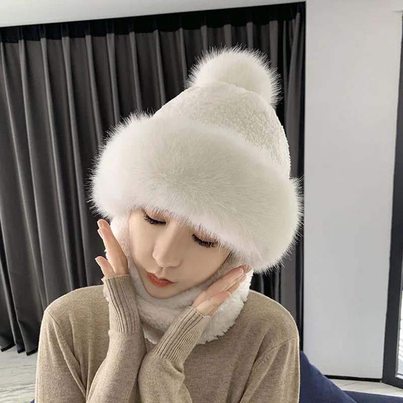 Women's Winter Plus Velvet Thick Windproof Hat Knitted Woolen Hat Scarf One