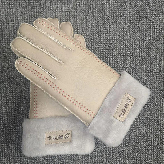 Leather Gloves and Fur One Winter Plus Velvet Thickening Outdoor Sports Sheepskin Gloves