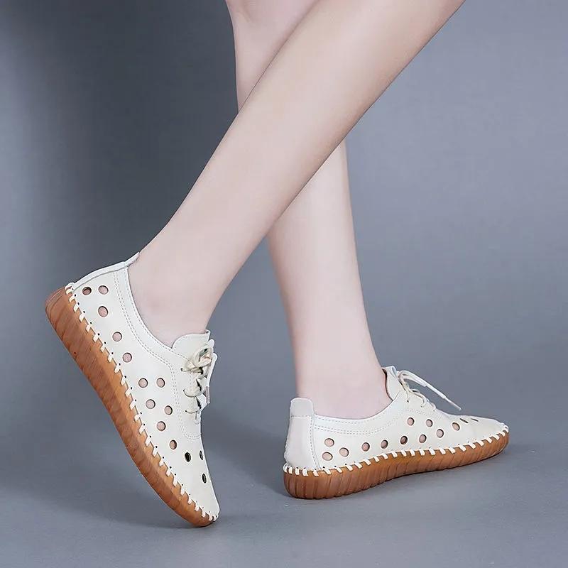 Women's Summer Soft Leather Hollow Shoes Hole Shoes Tendon Bottom Sandals Flat Casual Shoes Soft Bottom Comfortable Mother Shoes