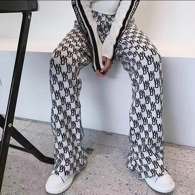 WTEMPO Women's Wide-leg Pants Black and White Grid Houndstooth Super Long Mid-waist  Straight Loose Casual Daily