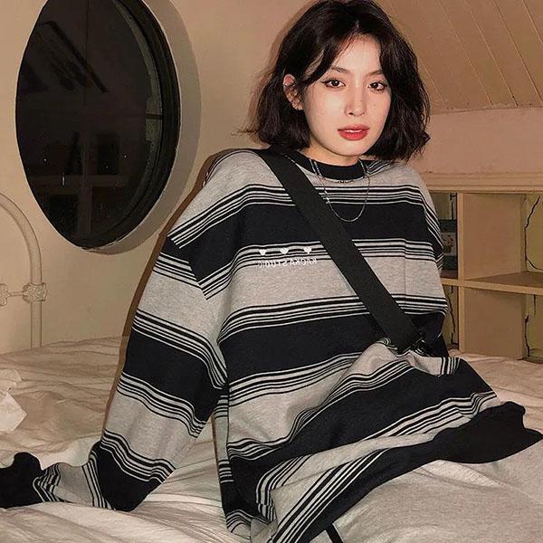 American Retro Round Neck Sweater Women's Large Size Spring and Autumn Plus Velvet Thickened Loose Striped Long-sleeved Top