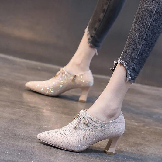 Temperament Pointed Toe High-heeled Shoes Women's Thick-heeled Deep Mouth Medium-heeled Pointed Toe Small Leather Shoes Single Shoes Bow