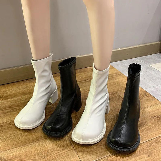 Big Head Martin Boots Female Autumn and Winter All-match Round Head Soft Leather Thick High-heel British Style Back Zipper Ankle Boots