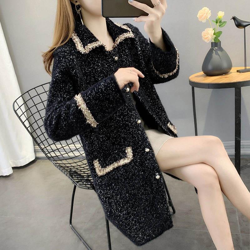 Autumn and Winter Models of Mink Fleece Knitted Jacket Mid-length Navy Collar Coat Coat Trendy Jacket Women