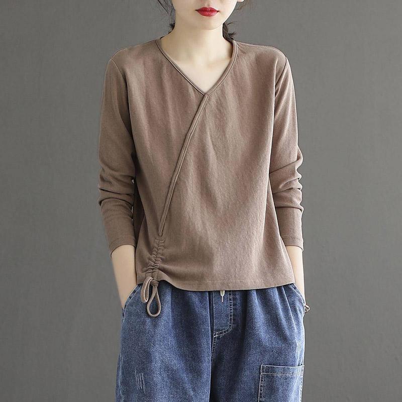 Cotton Solid Color V-Neck T-Shirt Ladies Spring Summer Hem Drawstring Loose Casual Long Sleeve Vintage Top