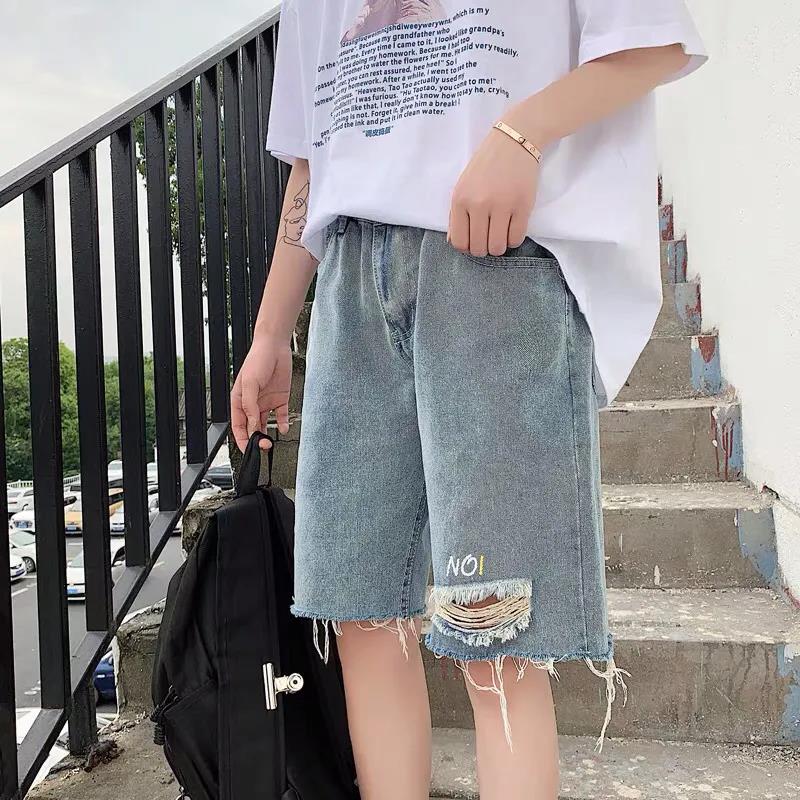 Ripped Denim Shorts Men's Summer Thin Section High Waist Loose Straight Wide-leg Five-point Pants