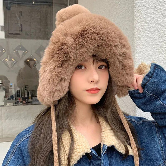 Women's Knitted Hat Fashion Rabbit Fur Stitching Woolen Hat Winter Plus Velvet Thickening Outdoor Windproof Ear Protection One