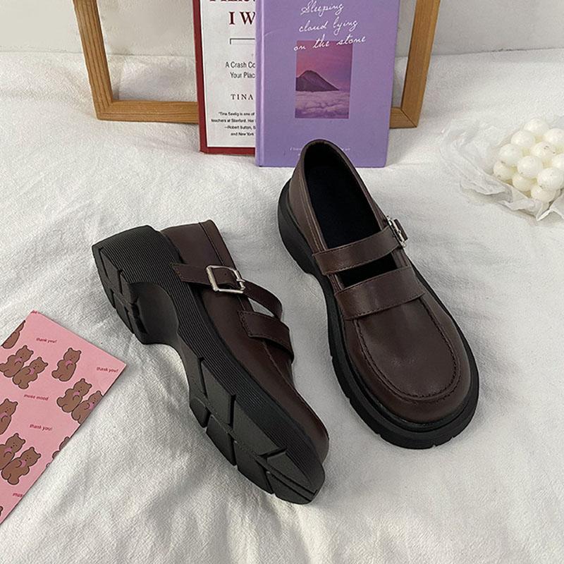 British Style Small Leather Shoes Spring Korean Version of Thick Heel Belt Buckle Single Shoes Retro Loafers Women