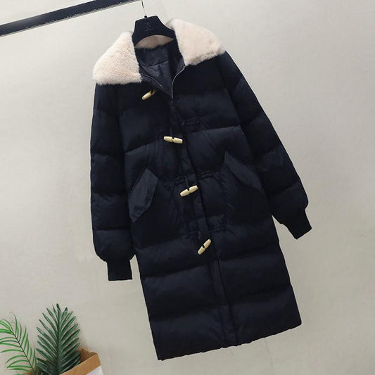 Autumn and Winter Horn Button Cotton Jacket Women's Mid-length Slim Down Jacket with Fleece Collar Winter Warmth Thick Cotton Jacket