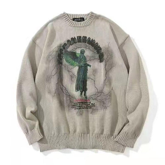 Men Hip Hop Knitted Jumper Sweaters Angel Lightning Printed Streetwear Harajuku Autumn Oversize Hipster Casual Pullovers