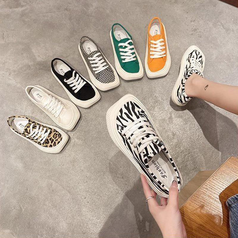 Canvas Shoes Female Students Korean Version of Mango Head Spring Leopard Print Flat Bottom All-match Casual Shoes White Shoes