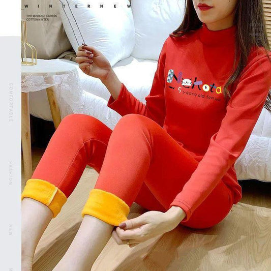 Winter Warm Women's Underwear Plus Velvet Padded Tight-fitting Suit with Autumn Clothes and Long Trousers Half-high Collar Large Size Bottoming Shirt