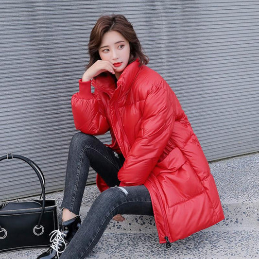 Women's Shiny Mid-length Down Jacket Winter Korean Style Loose Coat Warm Stand-collar Down Jacket