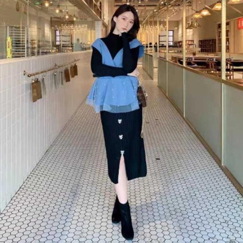 Autumn and Winter Sweater Suit Women's Waistcoat Knitted Sweater Top and High Waist Bag Hip Bodycon Skirt Three-piece Set Office Ladies Outfits