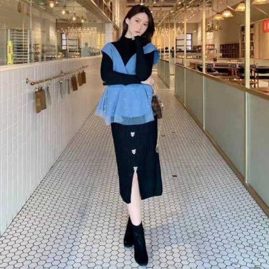 Autumn and Winter Sweater Suit Women's Waistcoat Knitted Sweater Top and High Waist Bag Hip Bodycon Skirt Three-piece Set Office Ladies Outfits