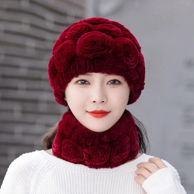 Women's Vintage Rex Rabbit Fur Floral Hat Scarf Set Warm Floral Vintage Autumn Winter Fur Hat All-match Ear Protection Hat Knitted Fur Caps Scarf Set