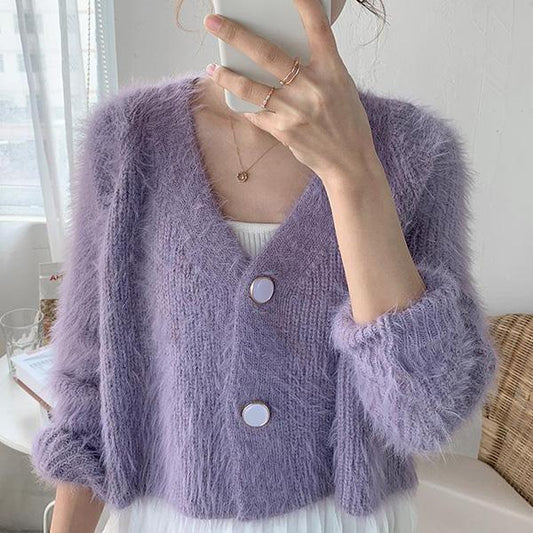 Autumn and Winter Imitation Mink Short Coat Long-sleeved Knitted Cardigan Long-haired Solid Color V-neck Sweater