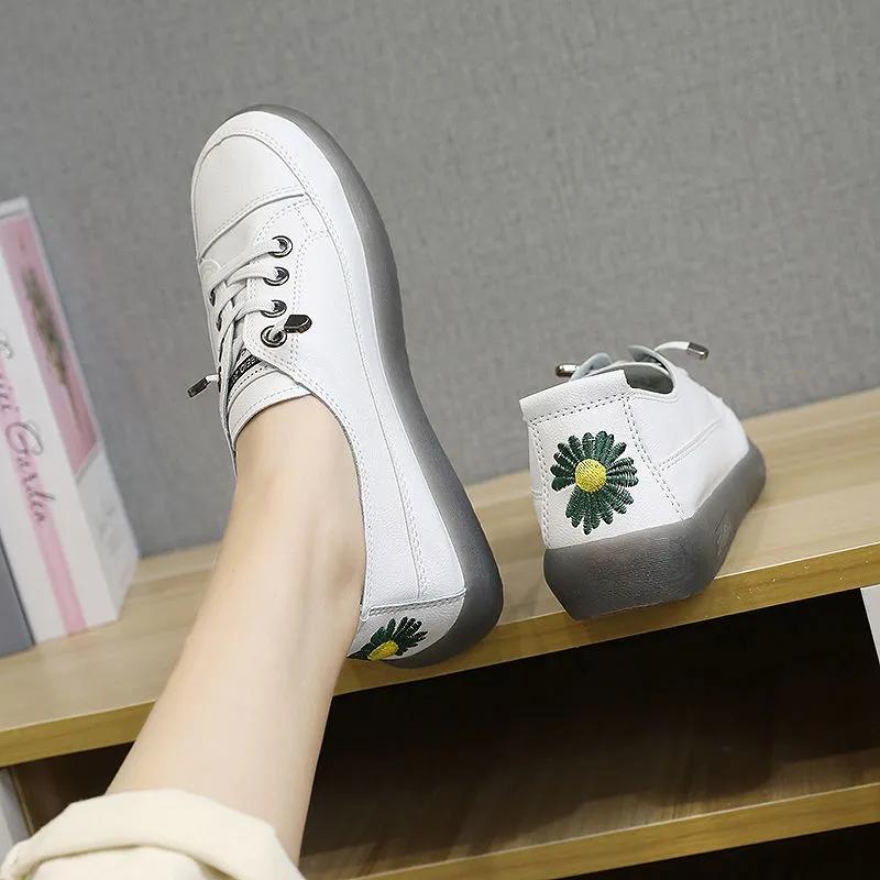 Daisy All-leather White Shoes Women's Spring All-match Beef Tendon Soft Bottom Slip-on Sneakers Student Single Shoes Ladies Casual Shoes