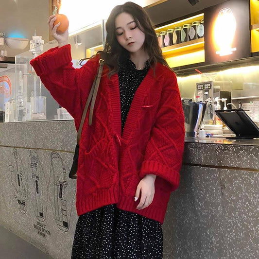 Women's Korean Warm Sweater Coat Cardigan Thickening Twist Loose Knitted Sweater Fashion