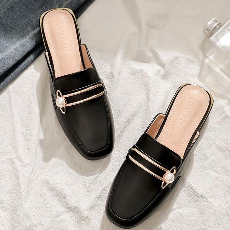 Soft Leather Baotou Half Slippers Women's Wild Half Toe Single Shoes Women's Fashion Lazy Mules