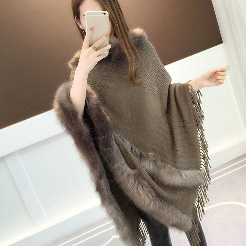 Autumn and Winter Imitation Fox Fur Cloak Shawl Bat Shirt Female Fur Collar Coat Plus Size Tassel Mid-length Sweater Coat