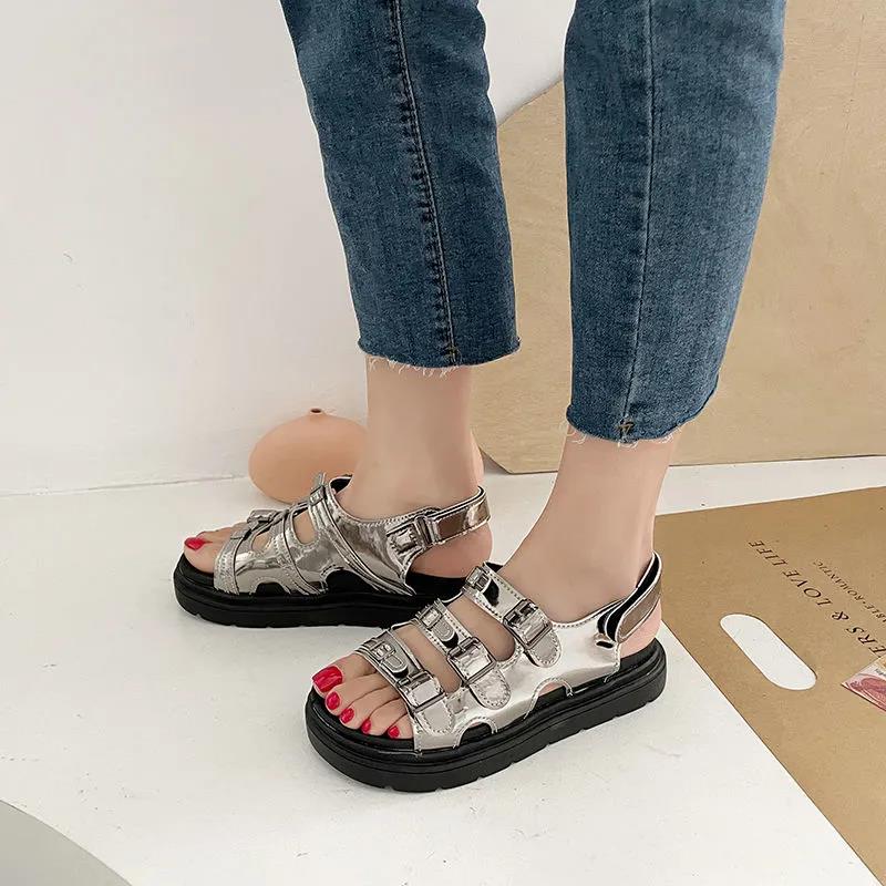 Sandals Women's All-match Flat Platform Platform Shoes Summer Beach Shoes Black Shoes Women's Glossy Casual Sports Sandals