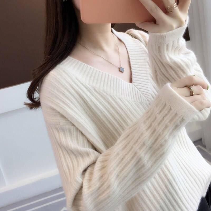 Autumn V-Neck Sexy Knitted Sweater Women Pullovers and Sweater Pullover Winter Women Loose Sweaters