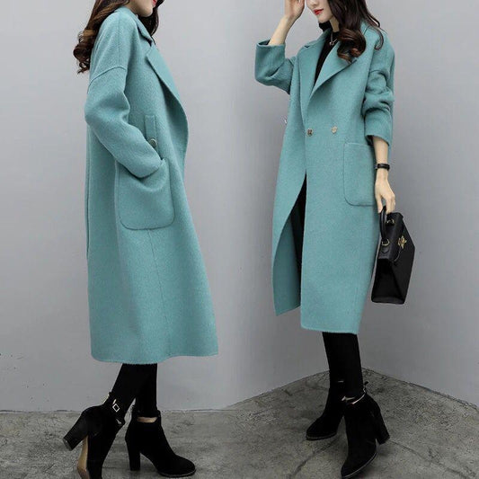 Autumn Winter Cashmere Trench Jacket Women Casual Solid Color Coat Warm Button Pocket Jackets