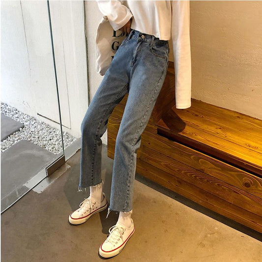 WTEMPO Retro Style Cropped Trousers Women's High Waist Jeans Large Size Loose Casual Modified Leg Type Straight Pants